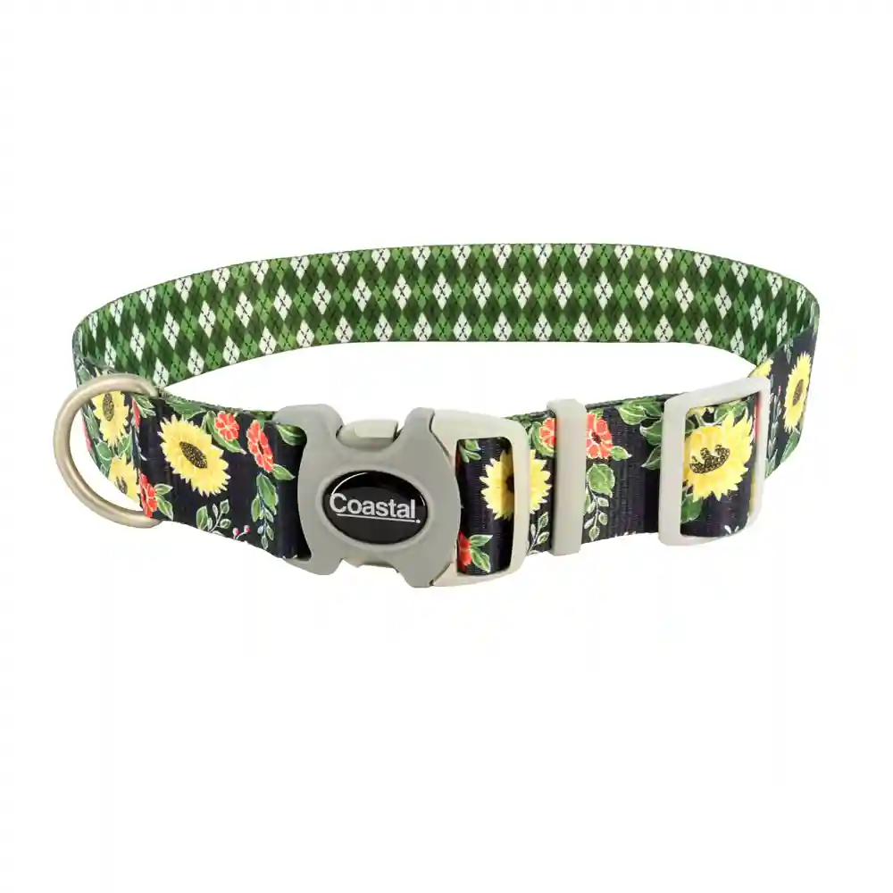 Adjustable Dog Collar - Sunflower With Green Argyle Med 1" X 12" 18"