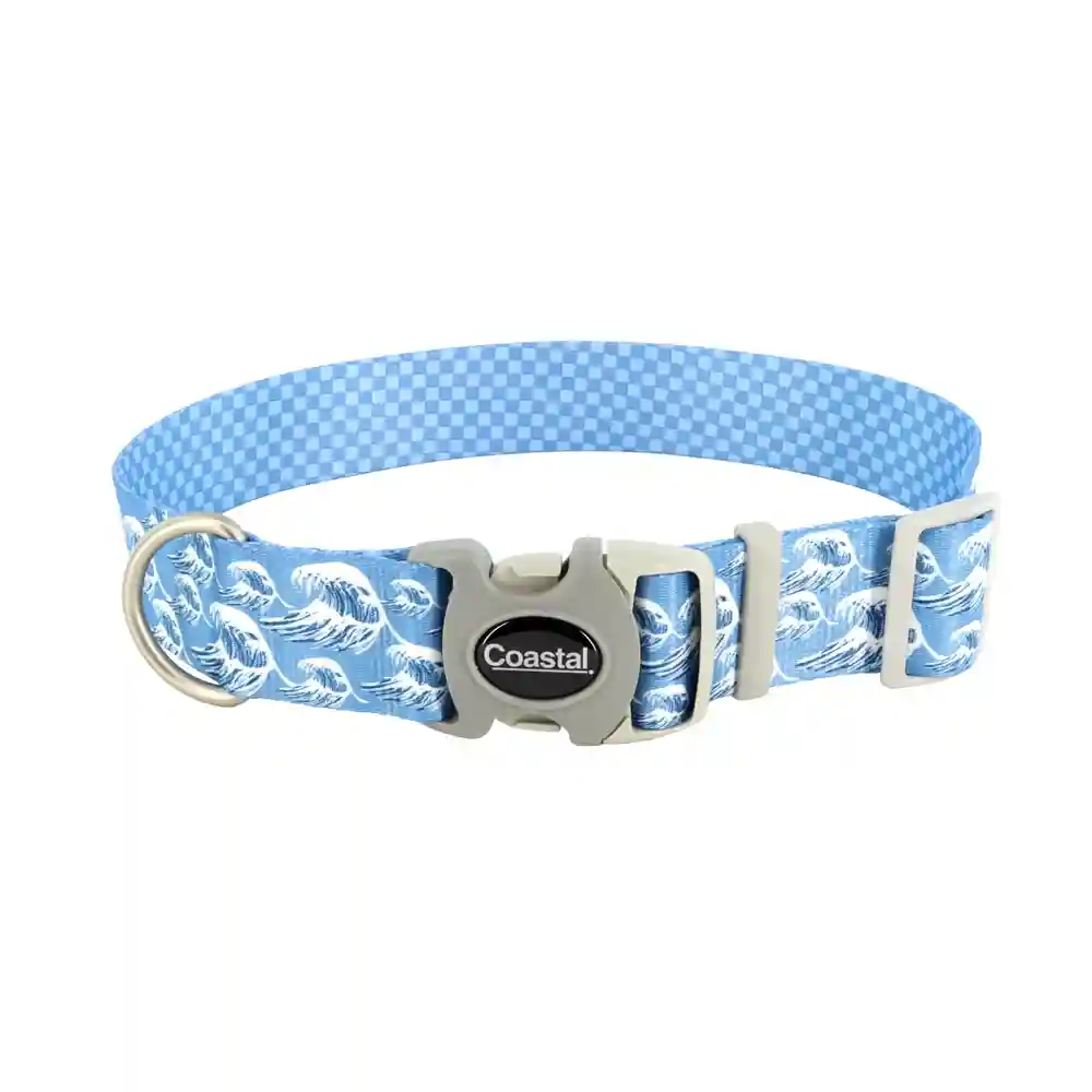 Adjustable Dog Collar - Blue Waves With Blue Checkers Lrg 1 1/2" X 18" 26"