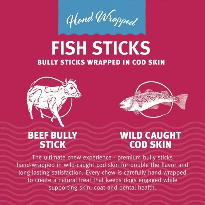 Icelandic+ Dog Treat Bully Stick Wrapped W/ Fish Skin Bulk 6" 18 Pc