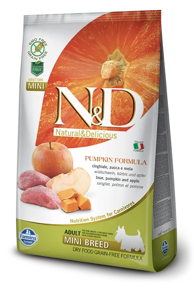 N&D Pumpkin Boar Apple Adult Mini 5.5-lb angled bag