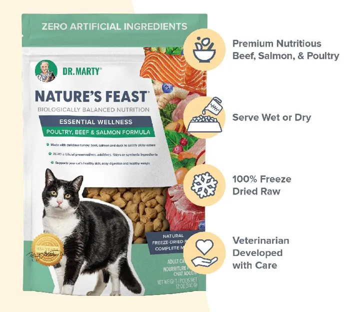 Dr. Marty Nature's Feast Essential Wellness Beef, Salmon & Poultry Freeze-dried Cat Food 12-oz