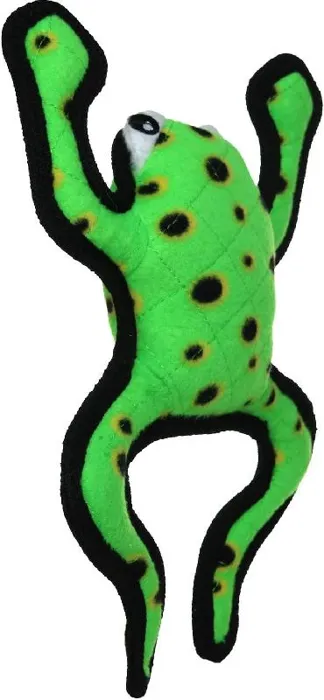 Tuffy Desert Phrog Leaping green plush dog toy angled view
