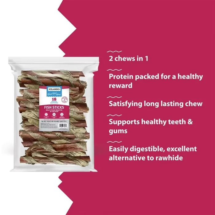 Icelandic+ Dog Treat Bully Stick Wrapped W/ Fish Skin Bulk 6" 18 Pc