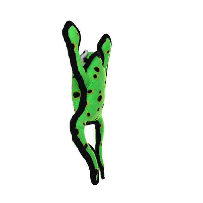 Tuffy Desert Phrog Leaping green plush dog toy side view