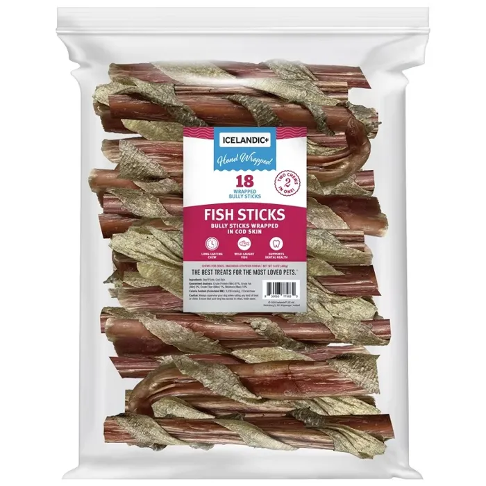 Icelandic+ Dog Treat Bully Stick Wrapped W/ Fish Skin Bulk 6" 18 Pc