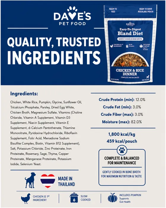 Dave's Bland Chicken and Rice pouch ingredients infographic